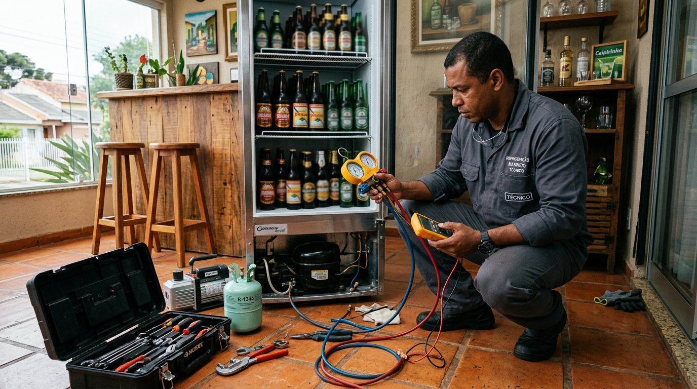 Profissional executando reparo no motor de cervejeira em Praia Grande‑SP