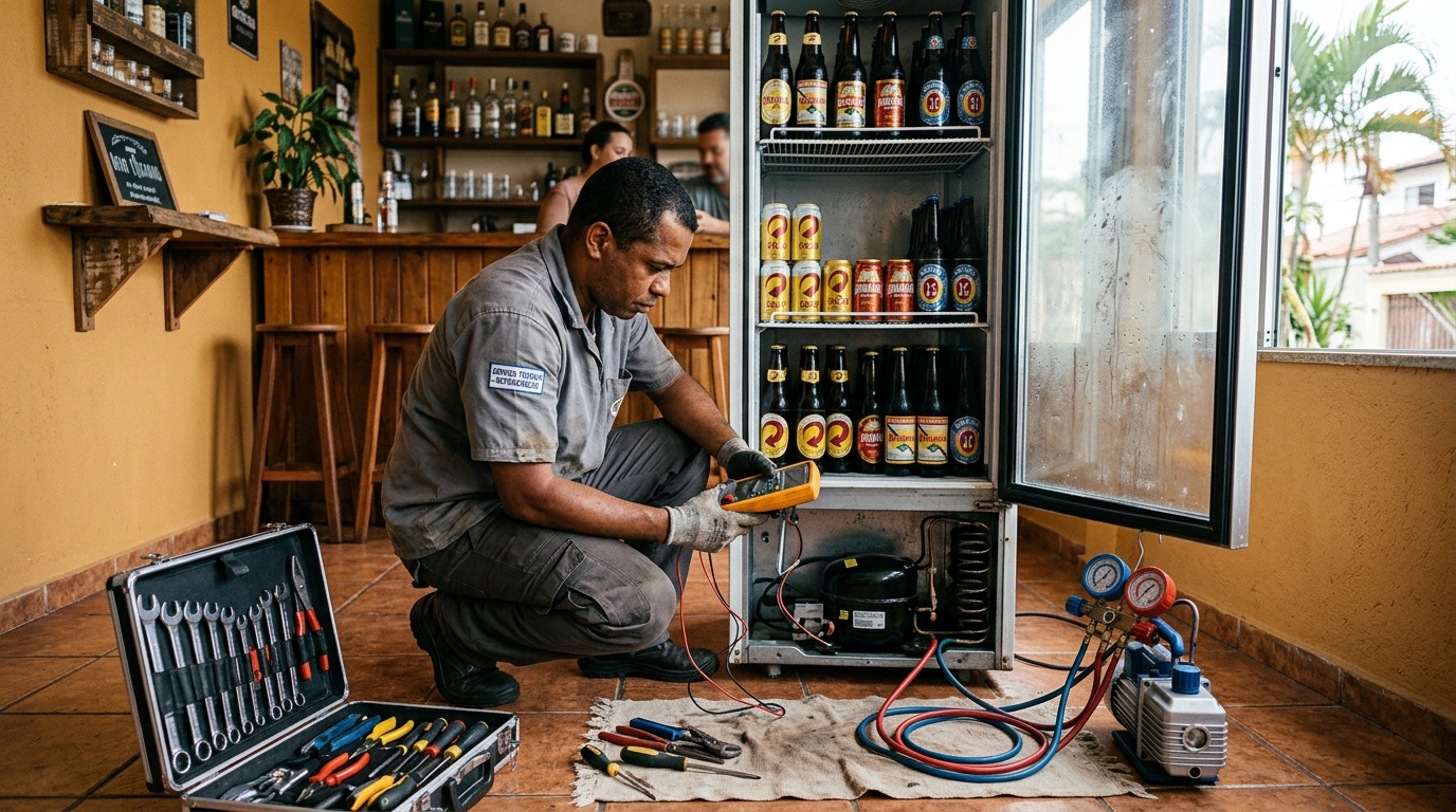 Substituição de termostato de cervejeira em serviço técnico em Praia Grande‑SP