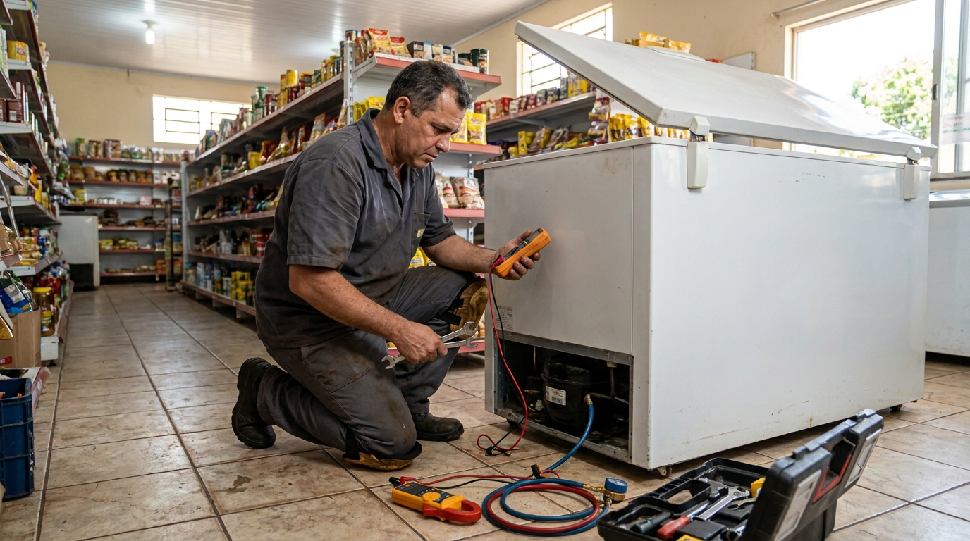 Substituição de termostato de freezer em visita técnica em Praia Grande‑SP